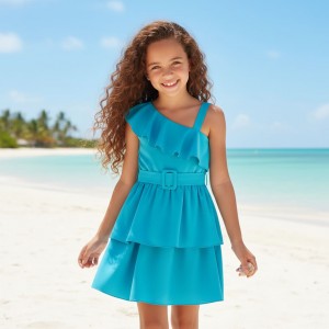 Rochie iDO fete turcoaz cu volane, un umăr gol și curea asortată, 0.8570PV24TU